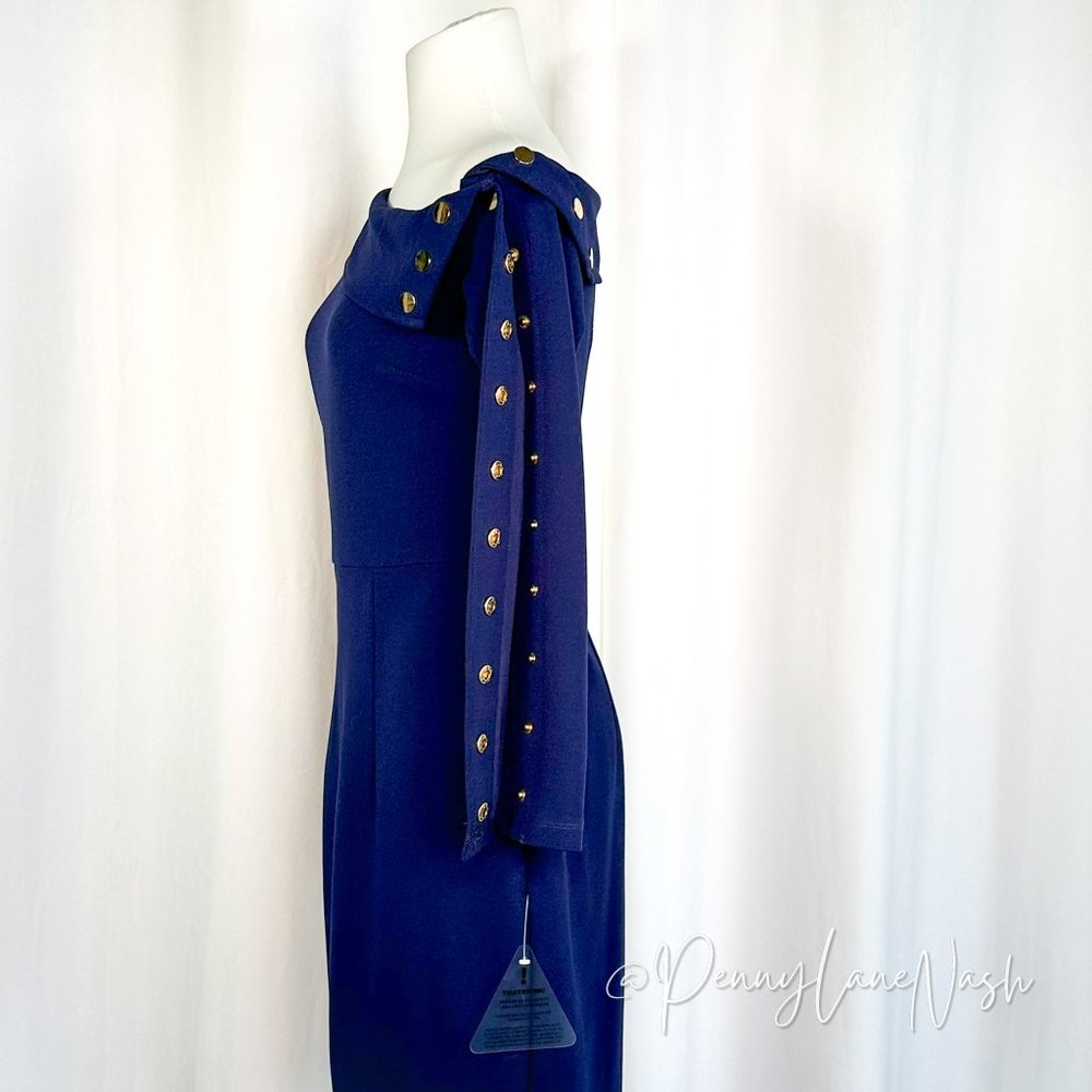 NWT Lumier by Bariano Asymmetric Gold Button Cocktail Dress Navy - Picture 11 of 12
